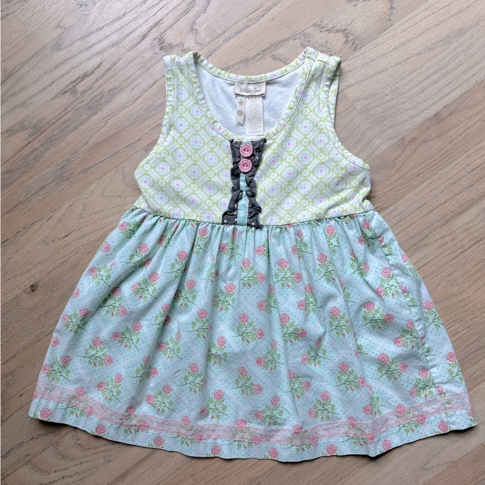 Matilda Jane Girls Sleeveless tank top Roses Size 6 Green Pink Blue Ruffles